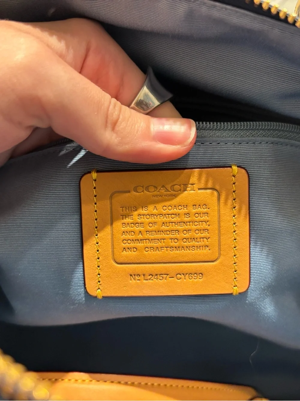 Coach Navy Signature Canvas Bag with Tan Leather Trim